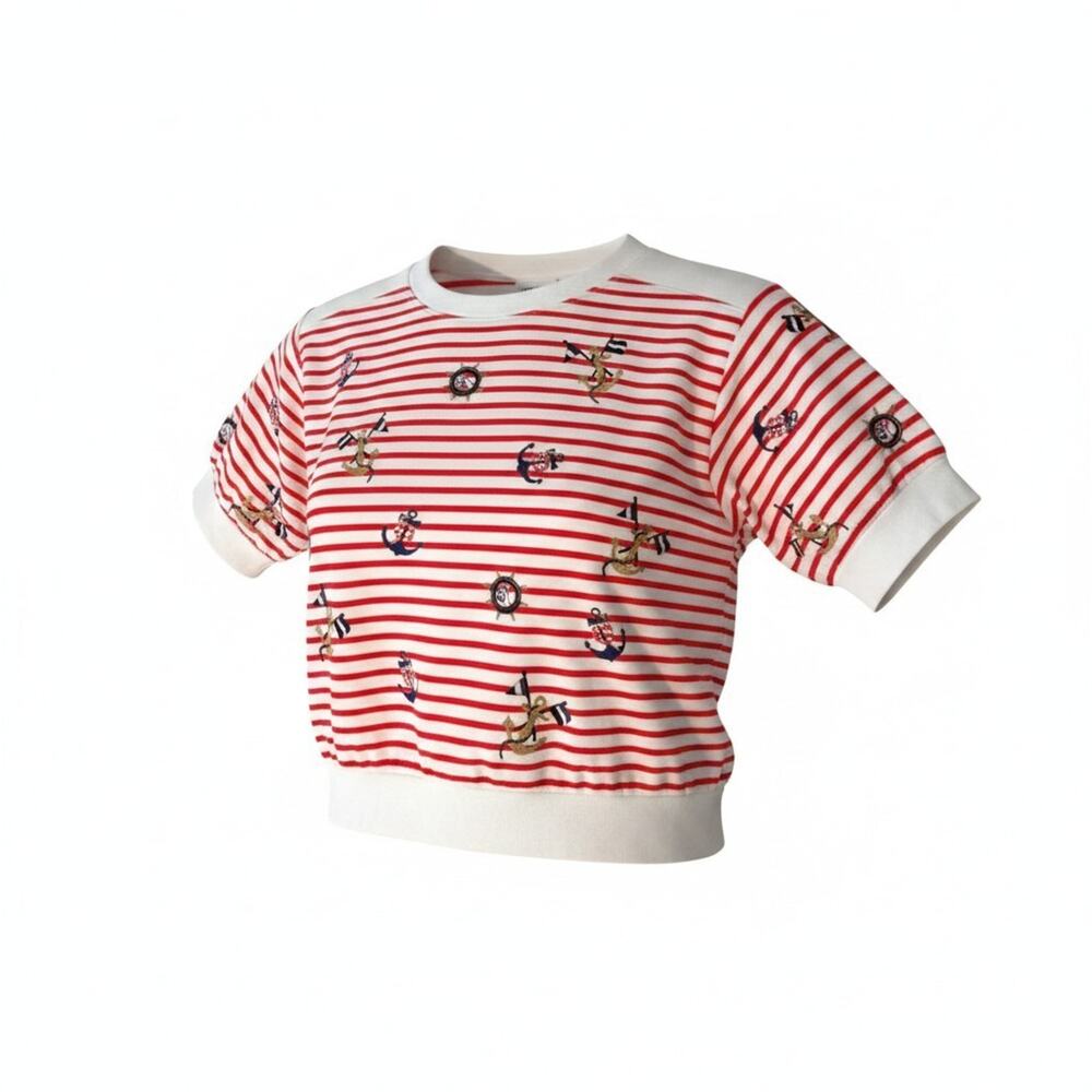 Bon Worth Sz L-XL Boat Neck Pullover Top Red White Stripes Nautical Vintage 80s